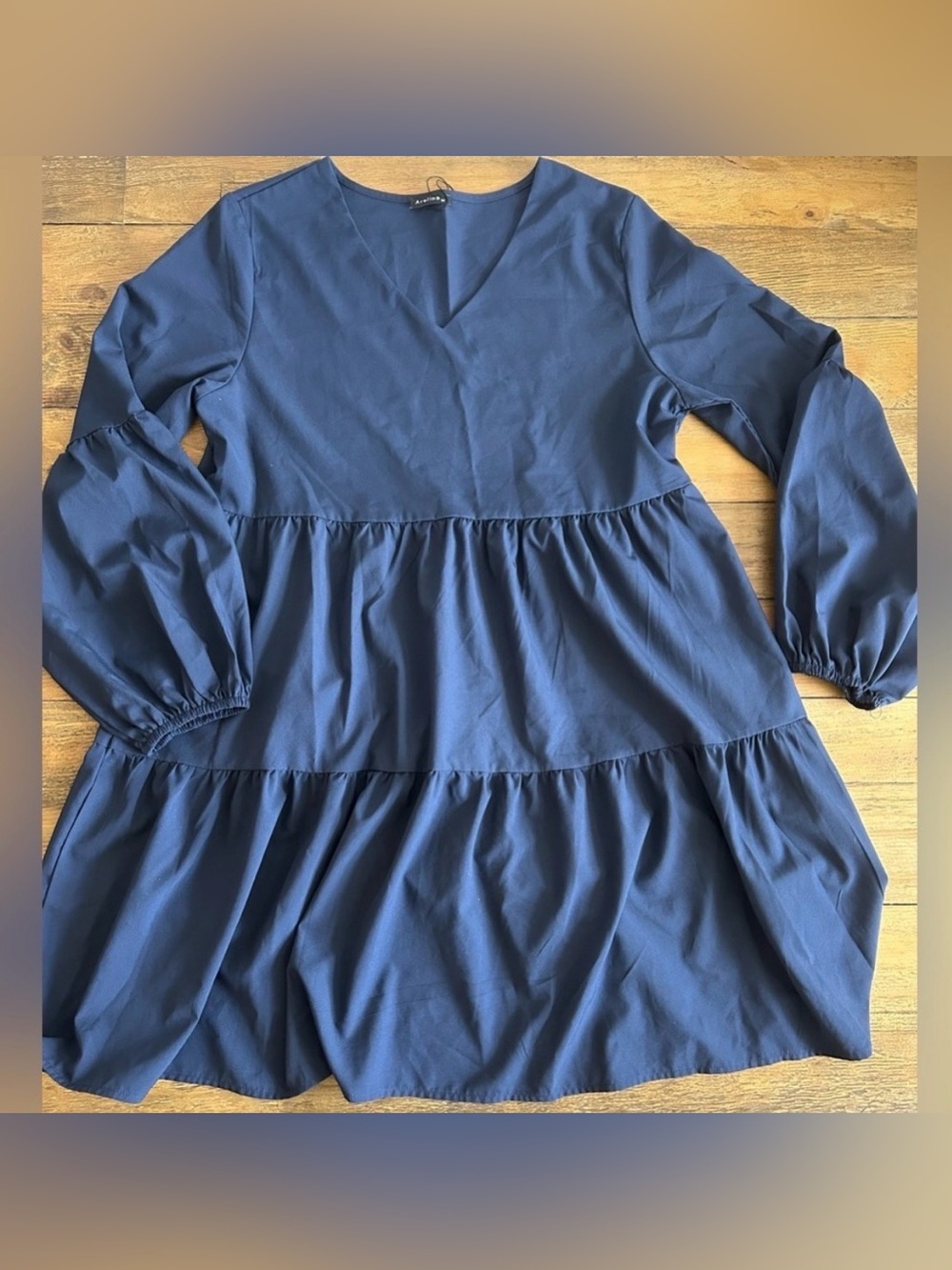 Navy Blue Tiered Babydoll Mini Dress Puff Sleeve Boho Cottagecore V Neck - Picture 3 of 14